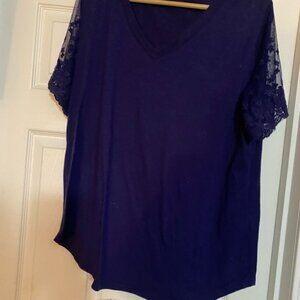 Women's V-Neck Lace Sleeve Top in Deep purple.
